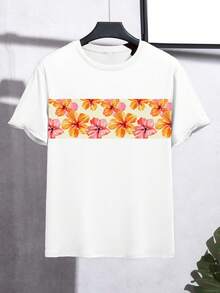 Manfinity RSRT 男士热带度假撞色印花白色短袖T恤，休闲假日男士圆领T恤 - 彩色 - 查看 3