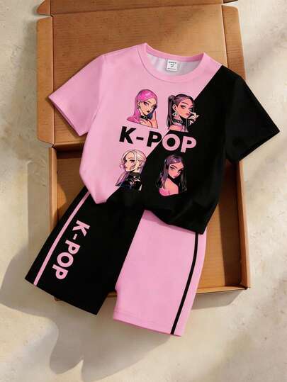 Spring & Summer Young Girl Casual Fashion Creative Personalized Refreshing Minimalist Cool Virtual Girl Group Colorblock Letter Graphic Print Tee & Bike Shorts Set, Comfortable Cozy Summer & Fall Styles Suitable For Daily Sporty Outfits Graphic Tees Pink Kpop Concert Outfits Kids K Pop Outfit Kids