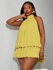 SHEIN SXY Plus Size Sexy Solid Color Backless Halter Mini Dress, Summer - Yellow - View 4