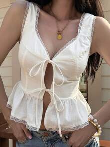 Strévra Damen Sommer Strand Party Urlaub ärmelloses Top, V-Ausschnitt Baumwolle Spitze Patchwork mit geraffter Taille - Weiss - Übersicht 3