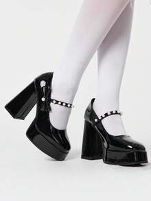 ROMWE Kawaii Sandalias de tacón para mujer 2026 de 12 cm de súper tacón alto, tacón grueso, zapatos impermeables de mesa con escote bajo, estilo nacional con hebilla de strass, zapatos de estilo Mary Jane Y2K - Negro - Ver 3