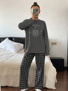 DAZY 2pcs Women Loose Comfortable Printed Long Sleeve T-Shirt And Plaid Pants Pajama Set, Winter Clothes - Dark Grey - View 4