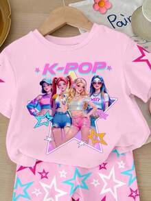 SHEIN Conjunto casual de camiseta de manga corta con cuello redondo y estampado de letras y dibujos animados, y pantalones cortos para niña pequeña, adecuado para vacaciones, fiestas, uso diario, conciertos - Multicolor - Ver 4