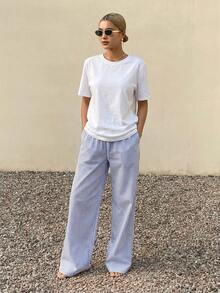 DAZY Simple T-Shirt & Striped Pants Pajama 2pcs Lounge Set, Outfits - White - View 4