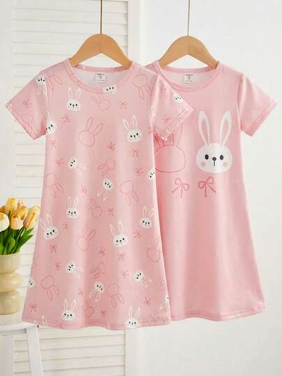 2pcs/Set Young Girl' Minimalist Cute Cartoon Sheep Print Short Sleeve Long Nightgown Pajama Set, Pink & Gray