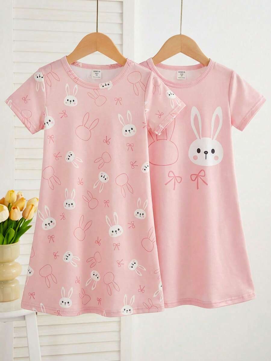 2pcs/Set Piyama Anak Perempuan Minimalis Motif Kartun Domba Lucu Lengan Pendek Panjang, Warna Pink & Abu-abu - Berwarna merah muda - View 1