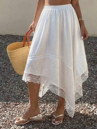 Livesso Women's Solid Color Lace Patchwork Elastic Waist Asymmetric Hem Skirt