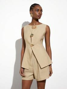Maija Bộ vest và quần short mùa hè kiểu dáng thường ngày, có khóa kim loại. - Màu Khaki - Xem 4