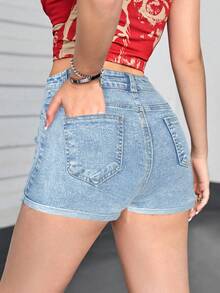 SHEIN Girlism Tween Girls' Summer Casual Distressed Denim Shorts Day Time Light Blue - Light Wash - View 2