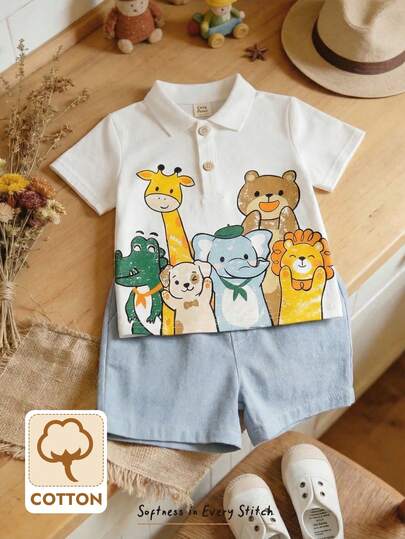 Cozy Pixies 2pcs Baby Boy Cartoon Dinosaur Pattern Knit Soft Collar Short Sleeve Henley Top And Elastic Waist Shorts Set