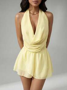 SHEIN PETITE 新款性感露背纯色吊带深V领不对称荷叶边下摆迷你连衣裙，适合外出穿着 - 黃色 - 查看 3
