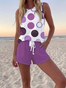 2pcs/Set Women's Casual Polka Dot Pattern Round Neck Camisole And Shorts Set, Suitable For Summer Women Two Pieces Shorts Set Suitable For Going Out,Casual - Multicolor - View 3