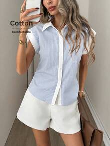 Easowa Chaleco con cuello, hombros anchos, pliegues en la cintura, botones delanteros, camisa de longitud corta, tela de bloques de color y rayas, elegante y casual para oficina, blusa de primavera/verano para damas, 100% algodón, blusas casuales para mujer, ropa de mujer de algodón casual y moderna - Multicolor - Ver 2