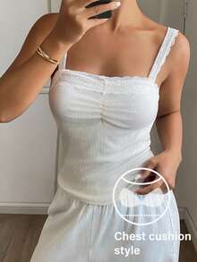 DAZY Sweet Lace Patchwork Pleated Bust Design Wide Strap Self-Padded Women Camisole - White - View 1