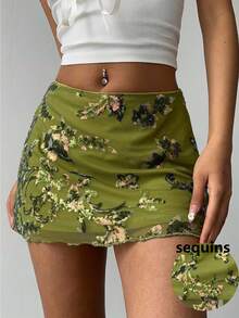 Aloruh Green Sequin Embroidered Mini Skirt, Simple & Fashionable, Suitable For Summer,Graduation,Back To School Outfits,Y2K,Easter,St Patrick Day,Carnival,Going Out,Date Night,Concert Outfit Women,Country Concert Outfit - Green - View 3
