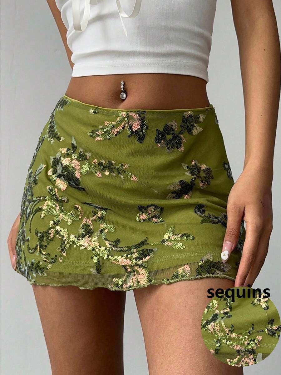 Aloruh Minifalda bordada con lentejuelas verdes, simple y de moda, adecuada para verano, graduación, regreso a la escuela, Y2K, Pascua, Día de San Patricio, carnaval, salir, cita, atuendo de concierto de mujeres, atuendo de concierto country