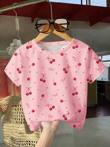 SHEIN 女童粉色圓領短袖T恤，櫻桃蝴蝶結與愛心印花，夏季度假休閒穿搭，適合3至4歲 - 彩色 - 查看 2