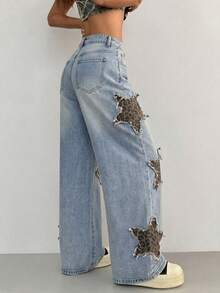 Jeans desgastados con estampado de estrella de estilo atlético y grunge para mujeres - Azul 3 - Ver 2