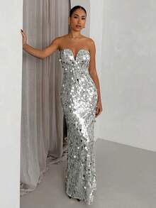SHEIN Glamour Sequin Decorated Party Dress, Fashionable And Elegant - Silver - View 4