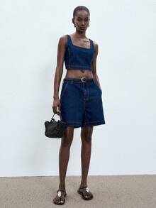 ATUI Studio Bộ đồ nữ thường ngày gồm áo tank top cổ vuông trơn và quần short denim rộng. - Màu xanh lam - Xem 1