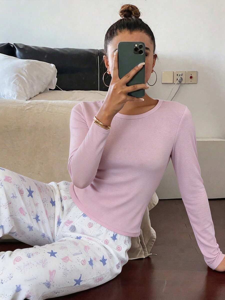 DAZY Solid Color Fitted Knit Combination Ocean Element All-Over Print Women Pajama Set, Fall & Winter Clothes - Pink - View 1