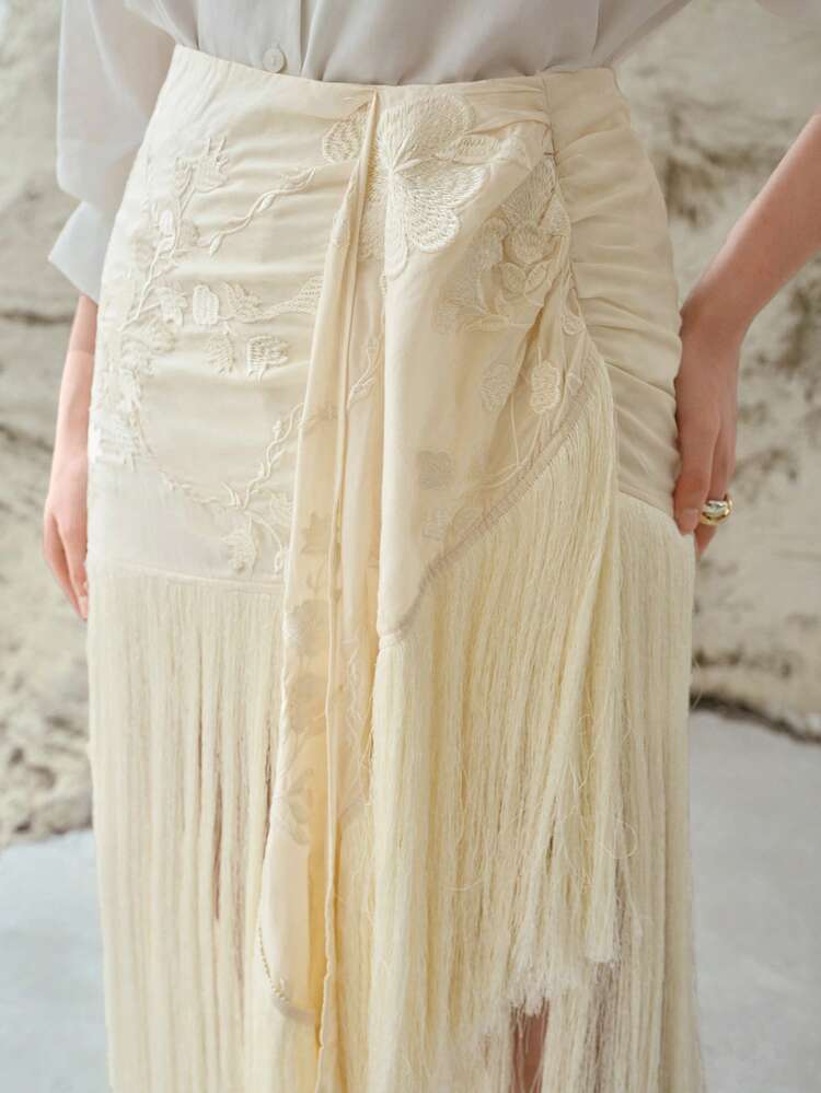 WOMEN'S LINEN EMBROIDERED TASSEL HEM RUCHED WAIST SKIRT