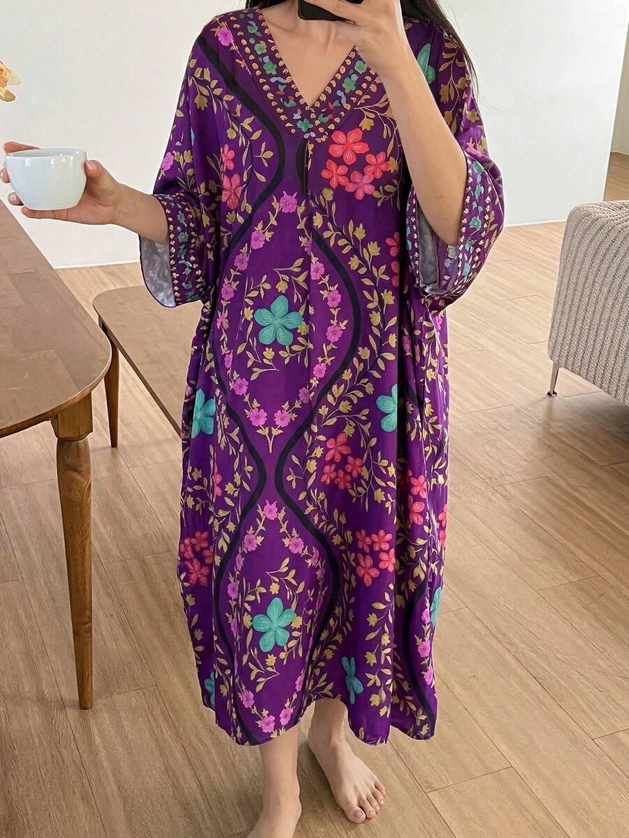 Floral Print V-Neck Loose Women Nightgown, Winter, Moo Moo Night Dress - Purple - View 1