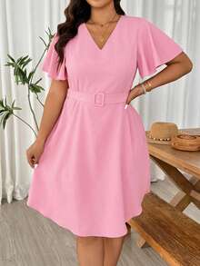 EMERY ROSE Đầm midi dáng chữ A cổ chữ V, tay phồng, cỡ lớn, tôn dáng. - Hồng - Xem 3