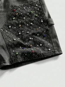ROMWE MEN Grunge Punk Men's Rhinestone Embellished Denim Shorts - Black - View 2