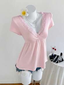 Elamini 女士杏色V领蕾丝边修身舒适百搭T恤，春夏女式上衣，夏季女式短袖上衣，女士休闲上衣 - 粉色 - 查看 3