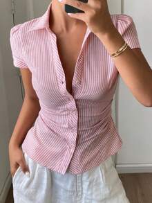 DAZY Striped Collar Pleated Waist Short Sleeve Casual Vacation Summer Blouse For Women Y2k - Pink - View 1