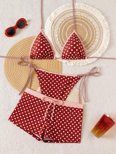 Swim Mod 水着 レディース 3点セット ポルカドット 赤 ビキニ、ビーチバケーション、春夏シーズンに適しています