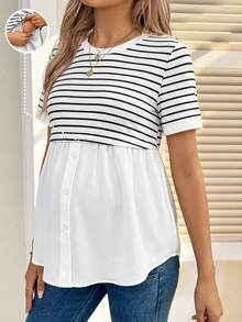 SHEIN Áo cho bà bầu tay ngắn in họa tiết kẻ sọc, kiểu dáng thường ngày, thích hợp cho việc cho con bú. - trắng - Xem 3