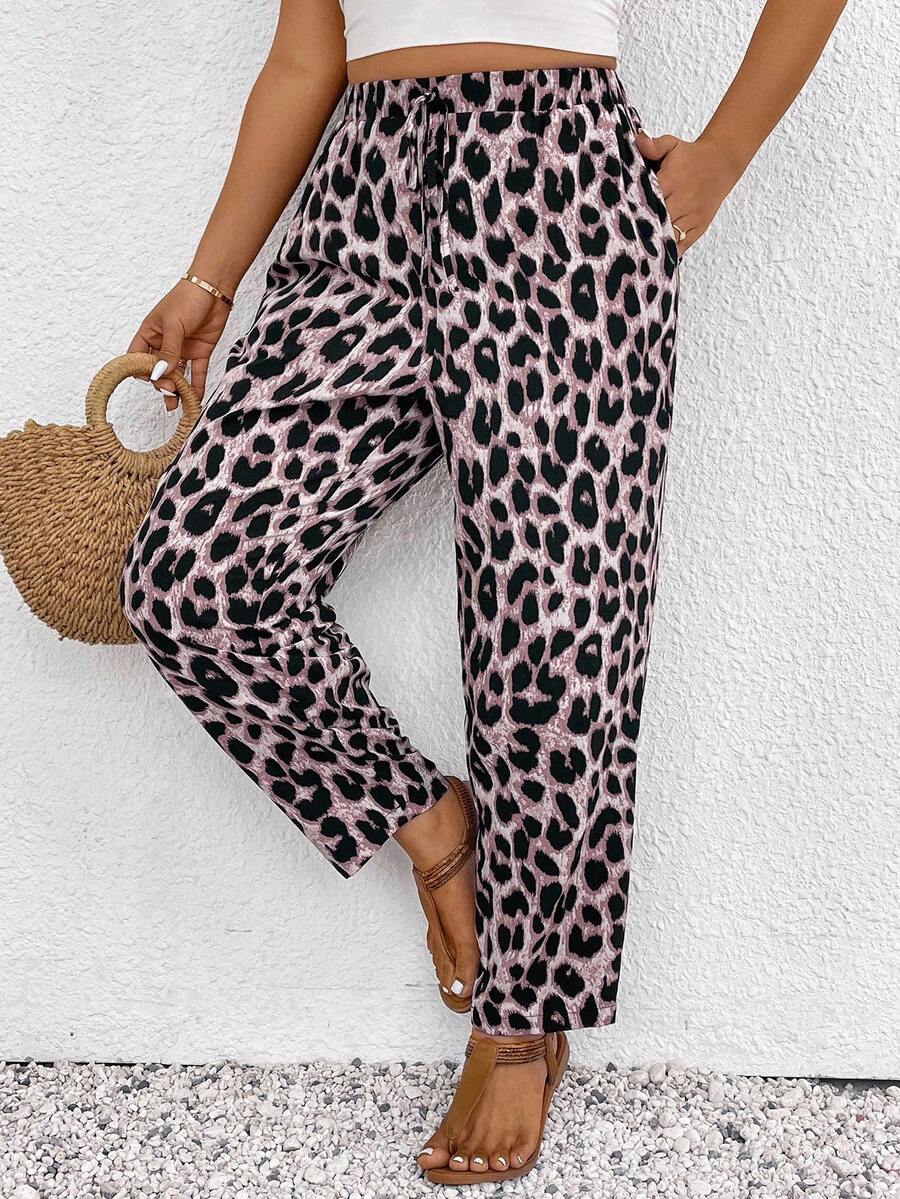 SHEIN Frenchy Calças casuais plus size com estampa de leopardo, calças de verão, calças para férias, moda praia feminina, estilo boho/boêmio, roupas femininas de verão, casual, moda para o dia a dia - Baby Rosa - Ver 1