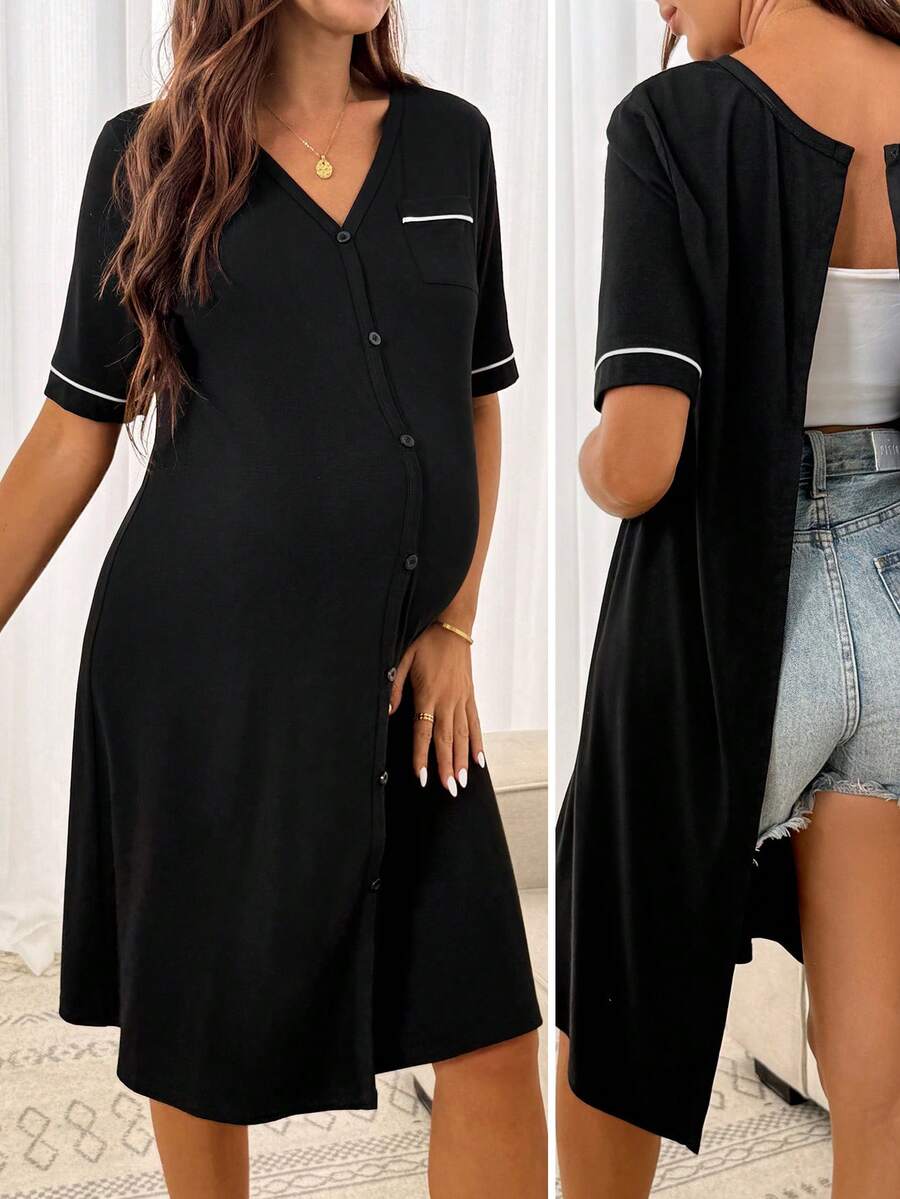 SHEIN Vestido de maternidad con botones delanteros y manga corta para el parto - Negro - Ver 1