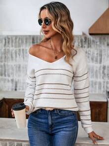 SHEIN LUNE Pull décontracté à col en V rayé coloré à manches longues pour femmes, hauts à manches longues, pull tricoté pour l'automne/l'hiver - Blanc - Voir 3