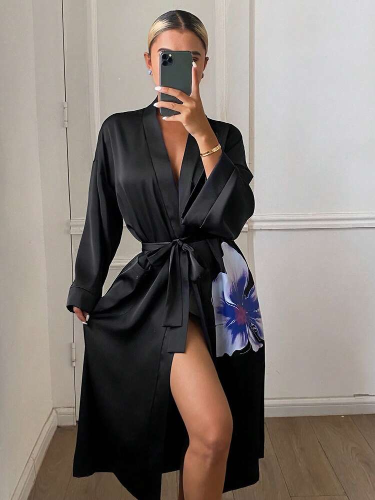 Floral Pattern Loose Oblique Collar With Belt Spring Women Sleepwear Robe Jacket