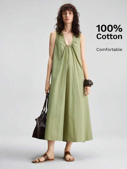 Ontre 2026SS New Summer Women Long Dress, Woven Fabric Military Green Vacation Style Dress