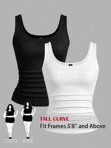 SHEIN Tall CURVE CURVE Plus Size Women's Tall Girls Pleated Scoop Neck Tank Top,High-Waisted Vest,Black And White,Summer,Smart Casual,Everyday Holiday Outfit - Black and White - View 1
