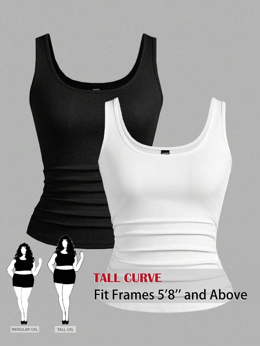 SHEIN Tall CURVE CURVE Plus Size Women's Tall Girls Pleated Scoop Neck Tank Top,High-Waisted Vest,Black And White,Summer,Smart Casual,Everyday Holiday Outfit - Black and White - View 1