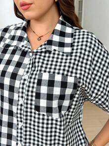 Levarali Plus Size Cotton Gingham Print Shirt , Summer Casual Comfortable Back-To-School For Women Formal Party Teacher - Black and White - View 6