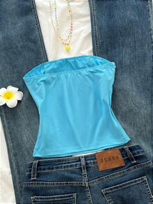 SHEIN Unity 1 chiếc áo quây kiểu Mỹ màu đen, phong cách thường ngày, thích hợp cho tiệc năm mới, tiệc chiêu đãi, đính sequin và phối nhiều mảnh, hở lưng, eo co giãn, gợi cảm, lãng mạn, thích hợp cho tiệc cocktail dành cho nữ. - Màu xanh nhạt - Xem 2