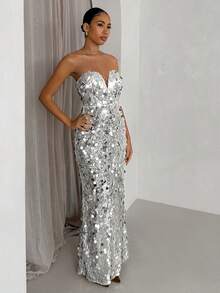 SHEIN Glamour Sequin Decorated Party Dress, Fashionable And Elegant - Silver - View 5