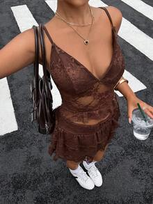 Muchica Brown Lace Romantic Camisole Top & Skirt Set For Women - Brown - View 1