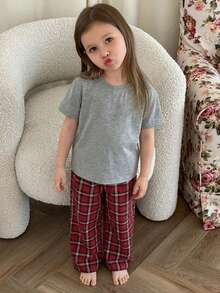 Hapijoa Girls Pre-Teen Round Neck Short Sleeve Knit T-Shirt + Plaid Long Pants Home Outfit, Spring/Summer - Multicolor - View 3