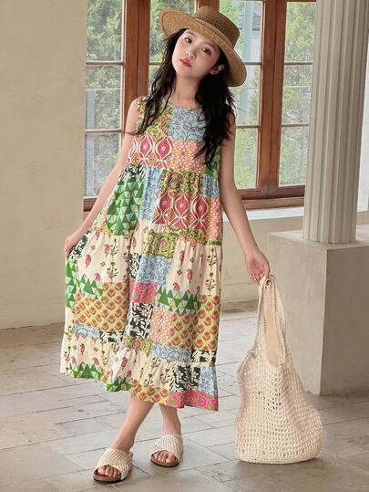 Dazy Kids Tween Girls Sleeveless Ditsy Floral Chiffon Dress, Summer Vacation Easter