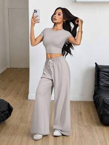 SHEIN PETITE Women's Casual Solid Color Cropped T-Shirt And Pants 2 Pieces Set, Summer Casual Two Pieces Set Two Pieces Lounge Set Two Pieces Set Women Grey Two Pieces Set Comfortable Two Pieces Set,Work Outfits For Women - Khaki - View 7