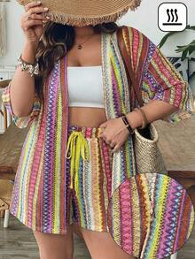 SHEIN LUNE 大码条纹度假沙滩上衣和短裤两件套 女士度假套装 女士夏季套装 波西米亚风套装 女士沙滩套装 女士罩衫 大码度假套装 女士乡村音乐会套装 女士乡村风度假套装 女士夏季假日套装 女士休闲套装 女士沙滩套装 女士节日套装 女士夏季套装 - 彩色 - 查看 5