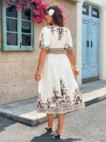 Breezaya Plus Size Floral Print Square Neck Waist Cinched Short Sleeve Midi Casual Dress, Spring/Summer Women Dress Picnic Dresses For Women Resort Wear Women Vacation Dress Plus Size Dress For Women - Multicolor - View 2