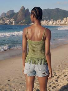 Maija 女士休闲度假流苏下摆吊带针织上衣 - 軍綠色 - 查看 6